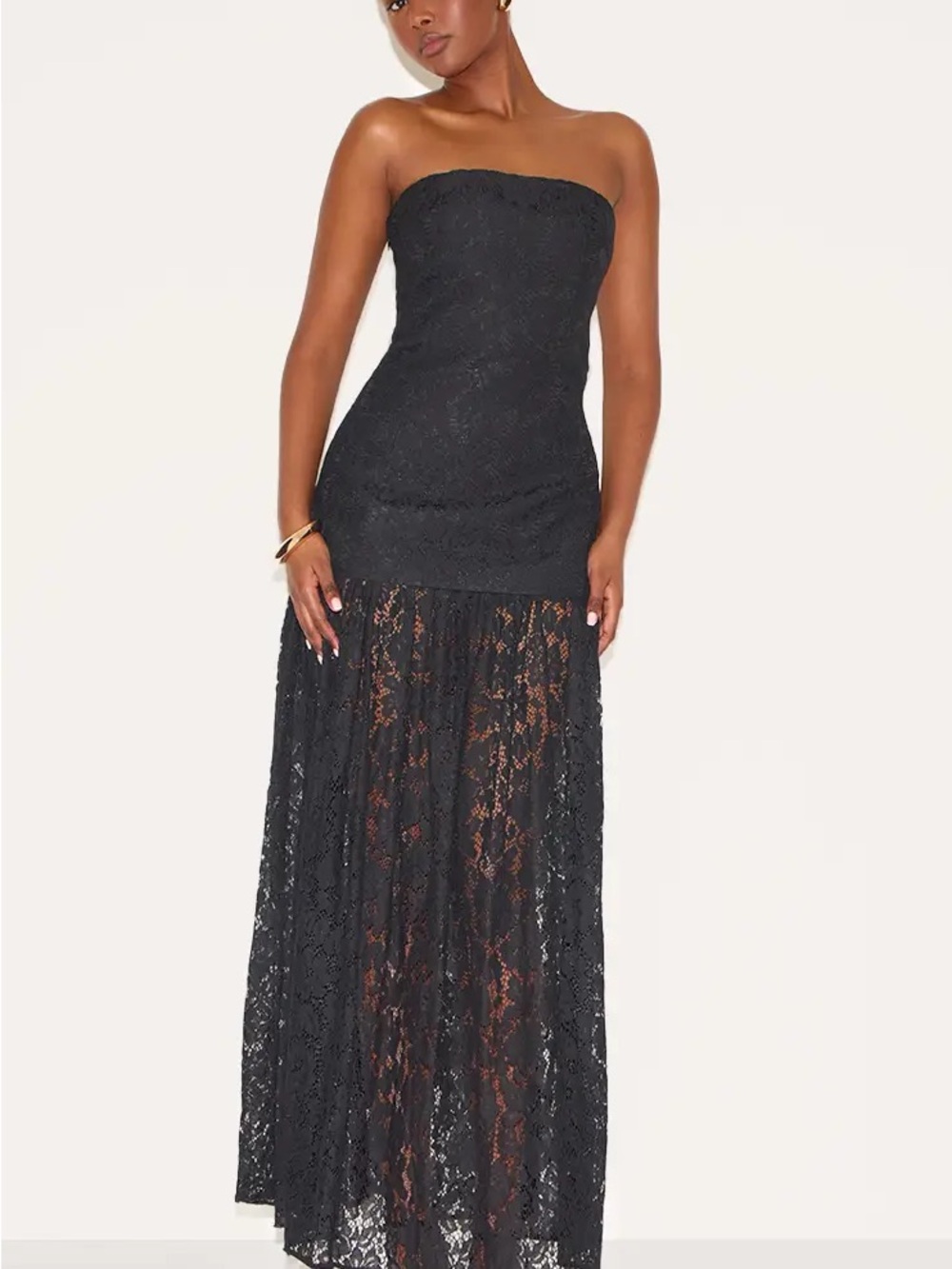 PrettyLittleThing Black Strapless Lace Maxi Dress